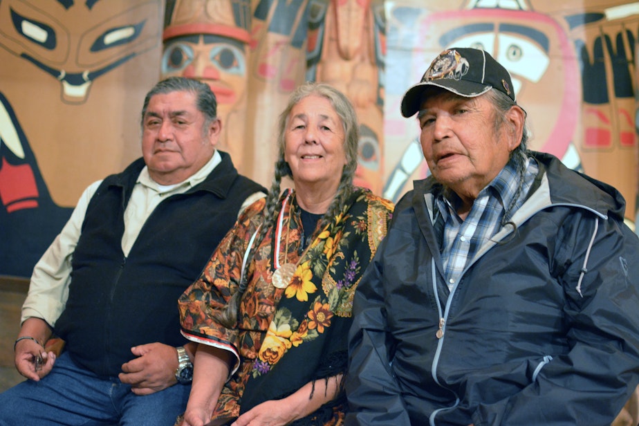 caption: From left to right, hereditary chief Wilbur Slockish, tribal elder Carol Logan, and hereditary chief Johnny Jackson. The tribal leaders sued the federal government after a sacred site near Mount Hood was destroyed during a highway safety project.