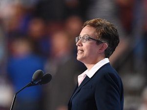 caption: Tina Kotek speaks during Day 1 of the Democratic National Convention at the Wells Fargo Center in Philadelphia, Pennsylvania, July 25, 2016. On Tuesday, she won Oregon's gubernatorial Democratic primary. If she wins in November, Kotek will be the nation's first openly lesbian governor.