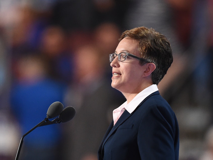 caption: Tina Kotek speaks during Day 1 of the Democratic National Convention at the Wells Fargo Center in Philadelphia, Pennsylvania, July 25, 2016. On Tuesday, she won Oregon's gubernatorial Democratic primary. If she wins in November, Kotek will be the nation's first openly lesbian governor.