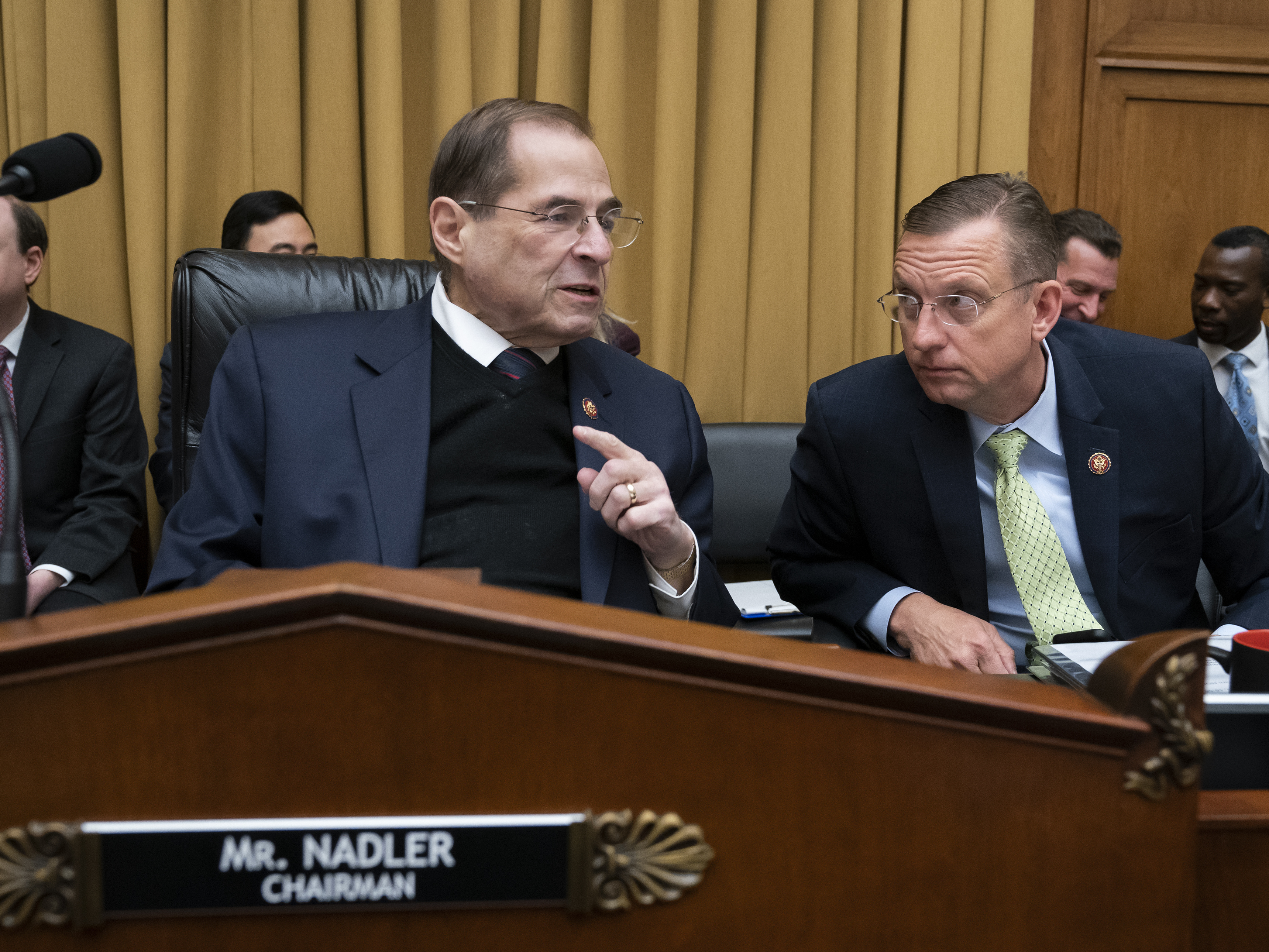 caption: House Judiciary Committee Chair Jerrold Nadler, D-N.Y., debated with ranking member Doug Collins, R-Ga., (right) about his move to subpoena the Justice Department to obtain an unredacted copy of the Mueller report at a committee markup Wednesday.