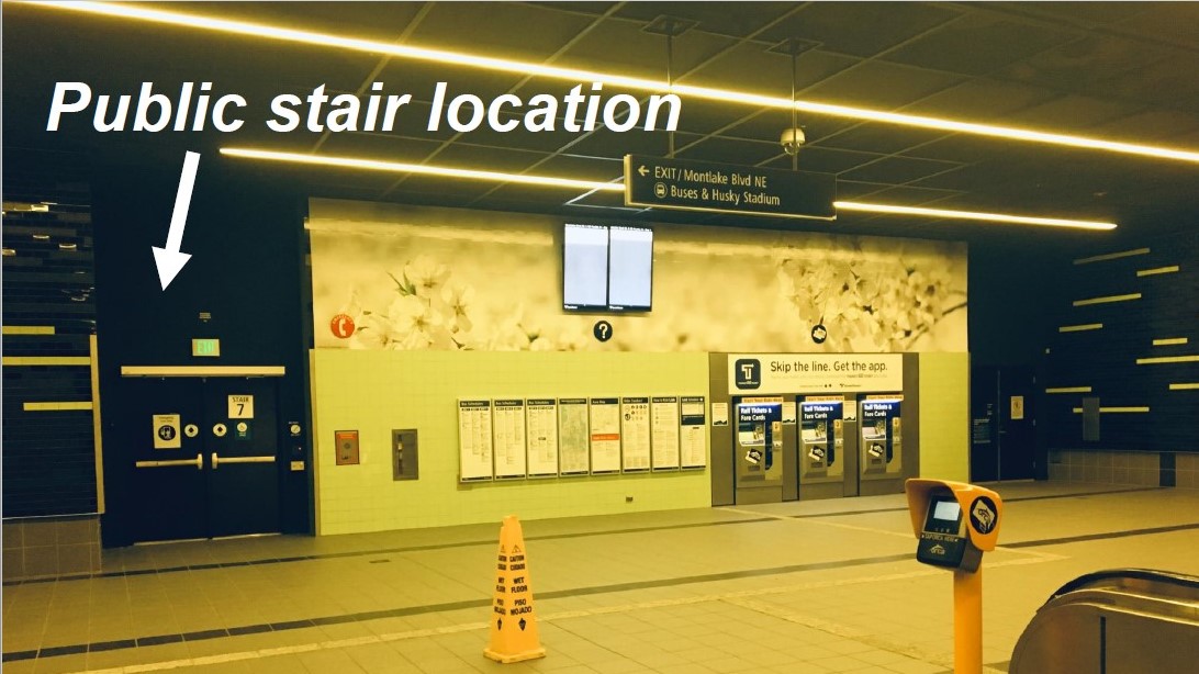 caption: Starting early 2019, riders will be able to use these stairs to access the platform at the University of Washington light rail station. 