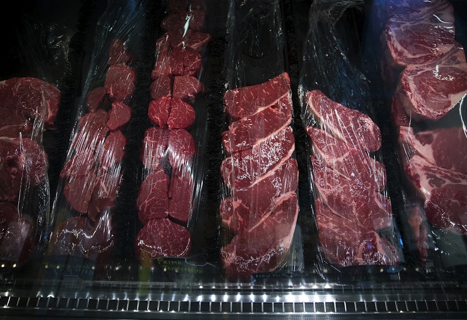 caption: The meat display is shown on Tuesday, May 12, 2020, at B&E Meats and Seafood in Newcastle. 