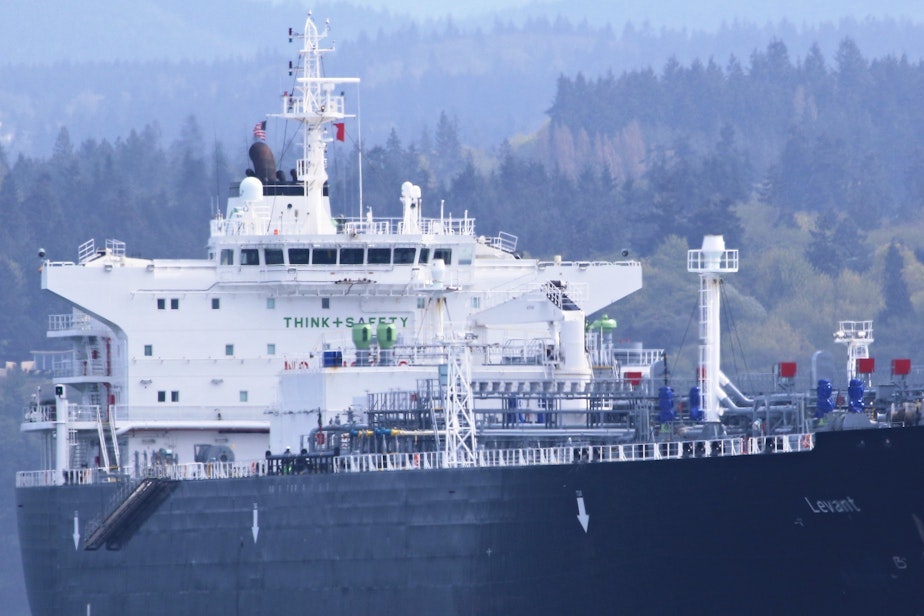 caption: The liquefied petroleum gas tanker Levant at anchor off Port Angeles, Washington, in April 2016