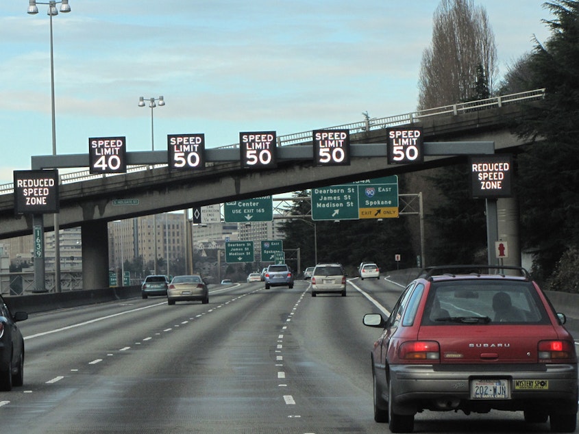 caption: Variable speed signs on northbound Interstate 5 into Seattle.