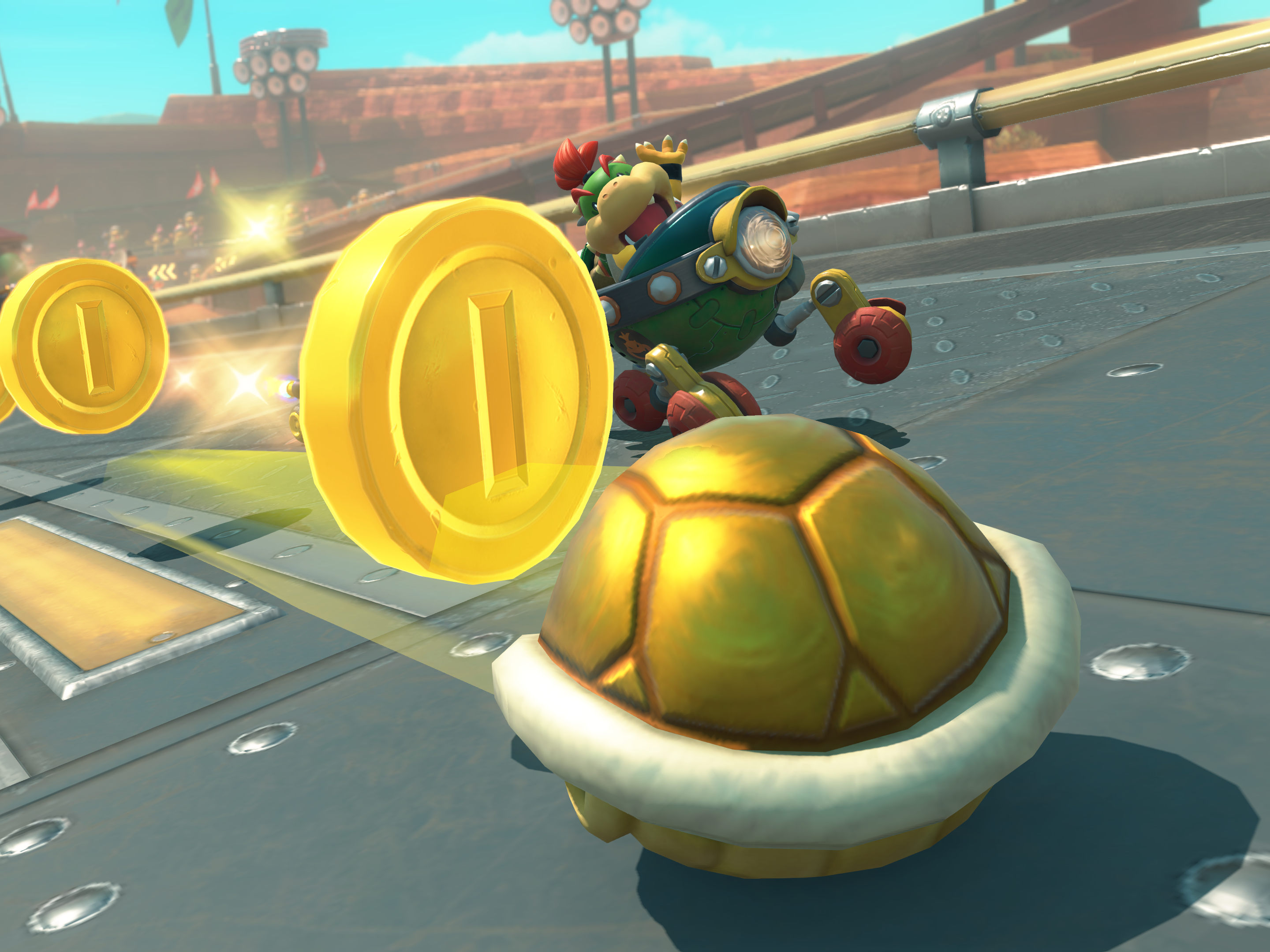 caption: Mario Kart World's golden shell disperses coins to all who follow it.