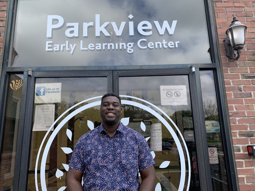 caption: Parkview Early Learning Center in Spokane, Wash., has been operating at one-third capacity under pandemic guidelines. Co-owner Luc Jasmin III says it has been tough to turn away parents, many of whom are essential workers.