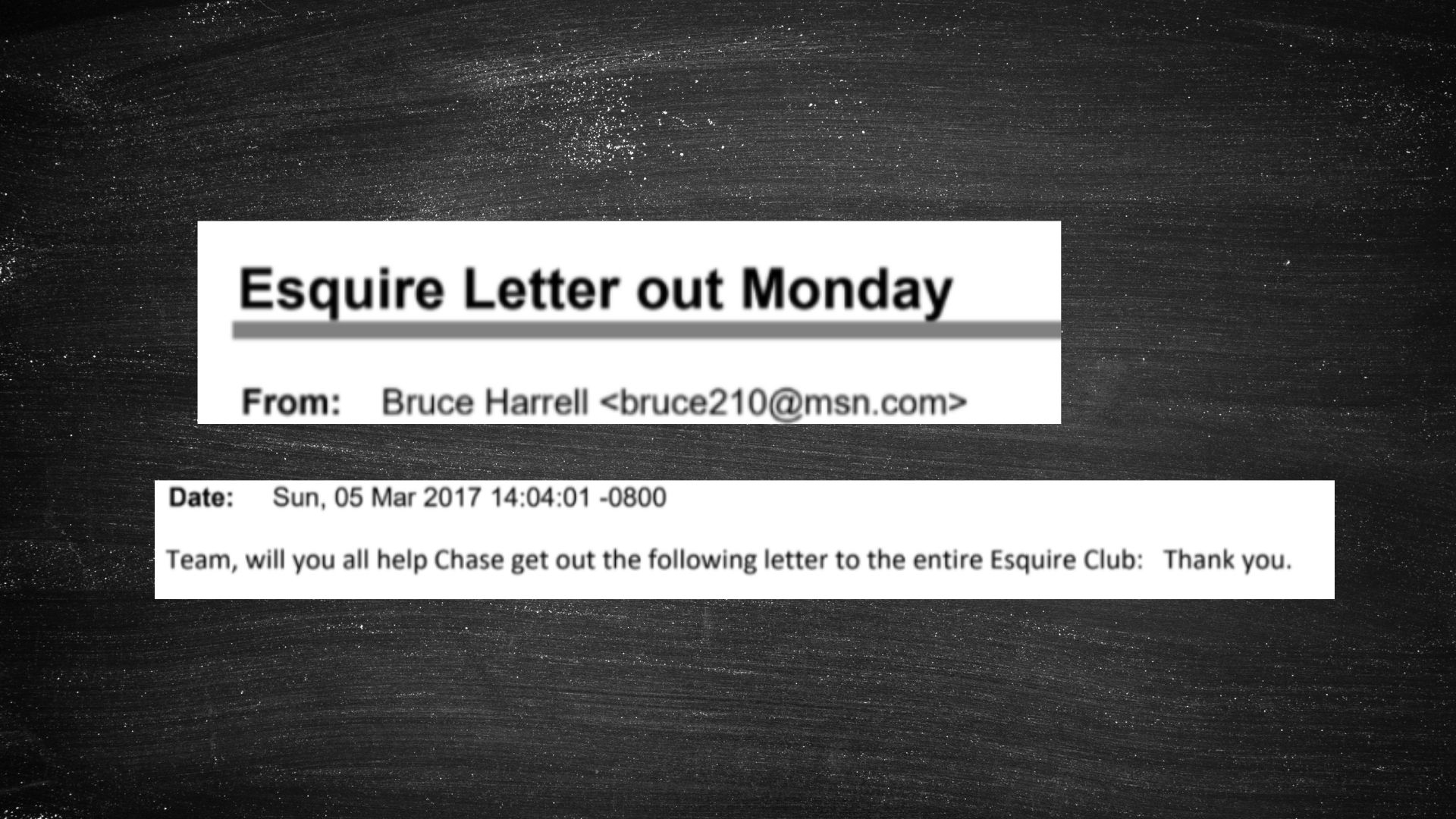 caption: An email from then-city council President Bruce Harrell to his city staff team, asking them to help with work related to the Royal Esquire Club, of which Harrell was board chair. 