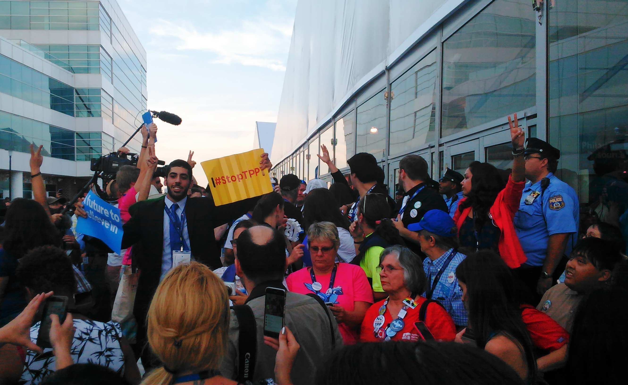 caption: There was no script for the protest Tuesday night by Bernie supporters, who walked out after Hillary Clinton's formal nomination and jammed the media center.