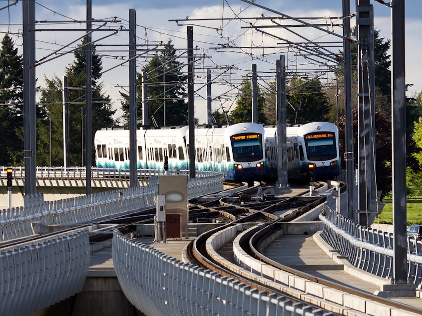 caption: Sound Transit's light rail shot from the SeaTac Airport Station.
