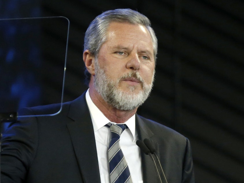 caption: Jerry Falwell Jr., shown here in 2018, has apologized for tweeting a racist image.
