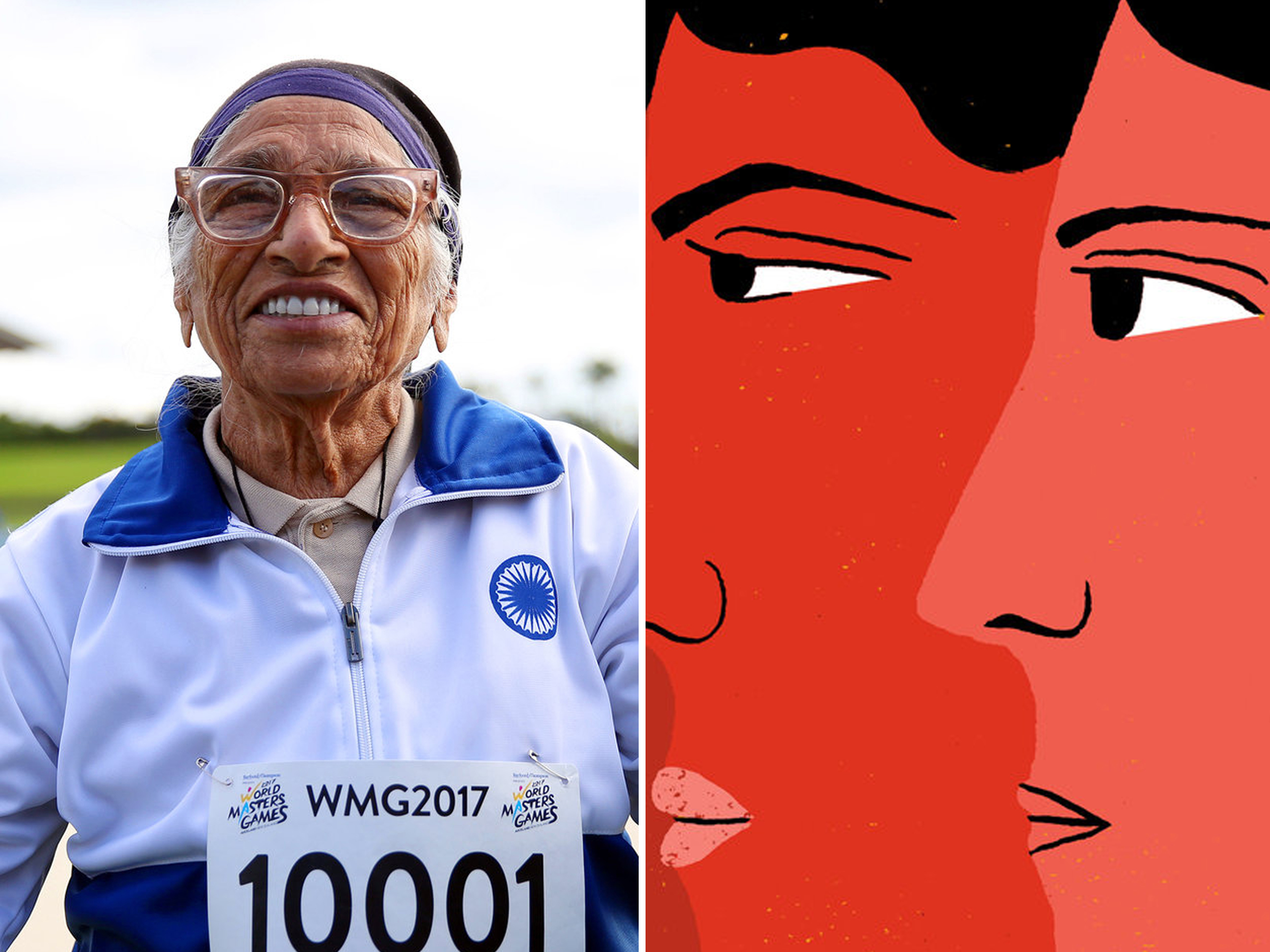 caption: From left: Man Kaur of India celebrates after competing in the 100-meter sprint in the 100+ age category at the World Masters Games in Auckland, New Zealand; an illustration inspired by a list of global poverty thinkers being called a "Sausagefest"; Maryangel Garcia Ramos, 32, a disability activist from Mexico.