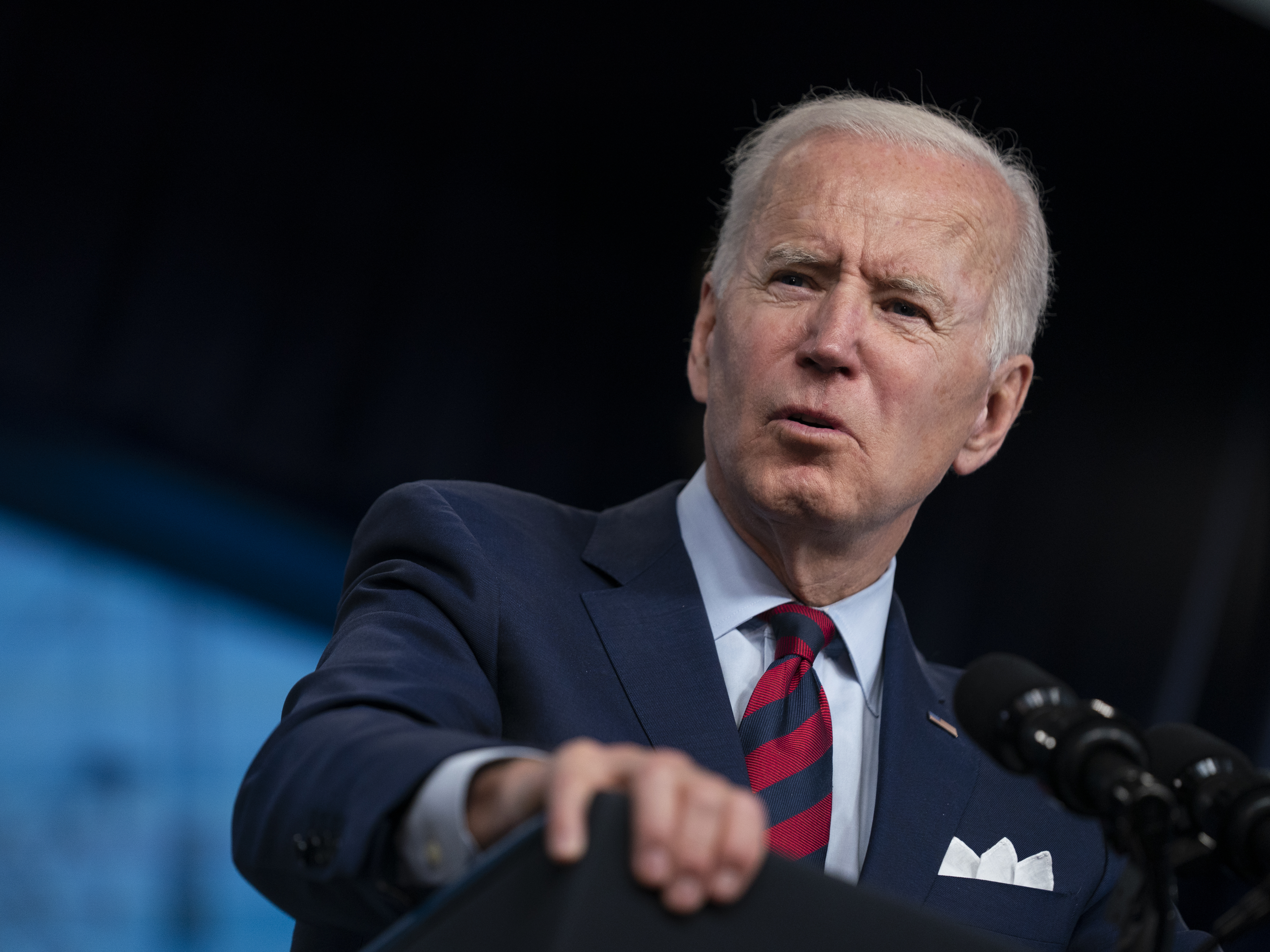 caption: President Biden promotes his American Jobs Plan during an appearance in the South Court Auditorium on the White House campus on April 7. The sheer scale of his early agenda has drawn comparisons to the achievements of FDR and LBJ.