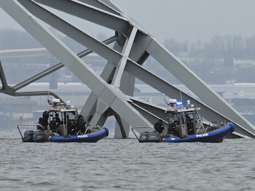 caption: Police recovery crews work near the collapsed Francis Scott Key Bridge after it was struck by the container ship Dali in Baltimore, Maryland. Eight members of a construction crew repairing potholes were on the bridge when the structure fell into the Patapsco River at around 1:30 am on March 26.