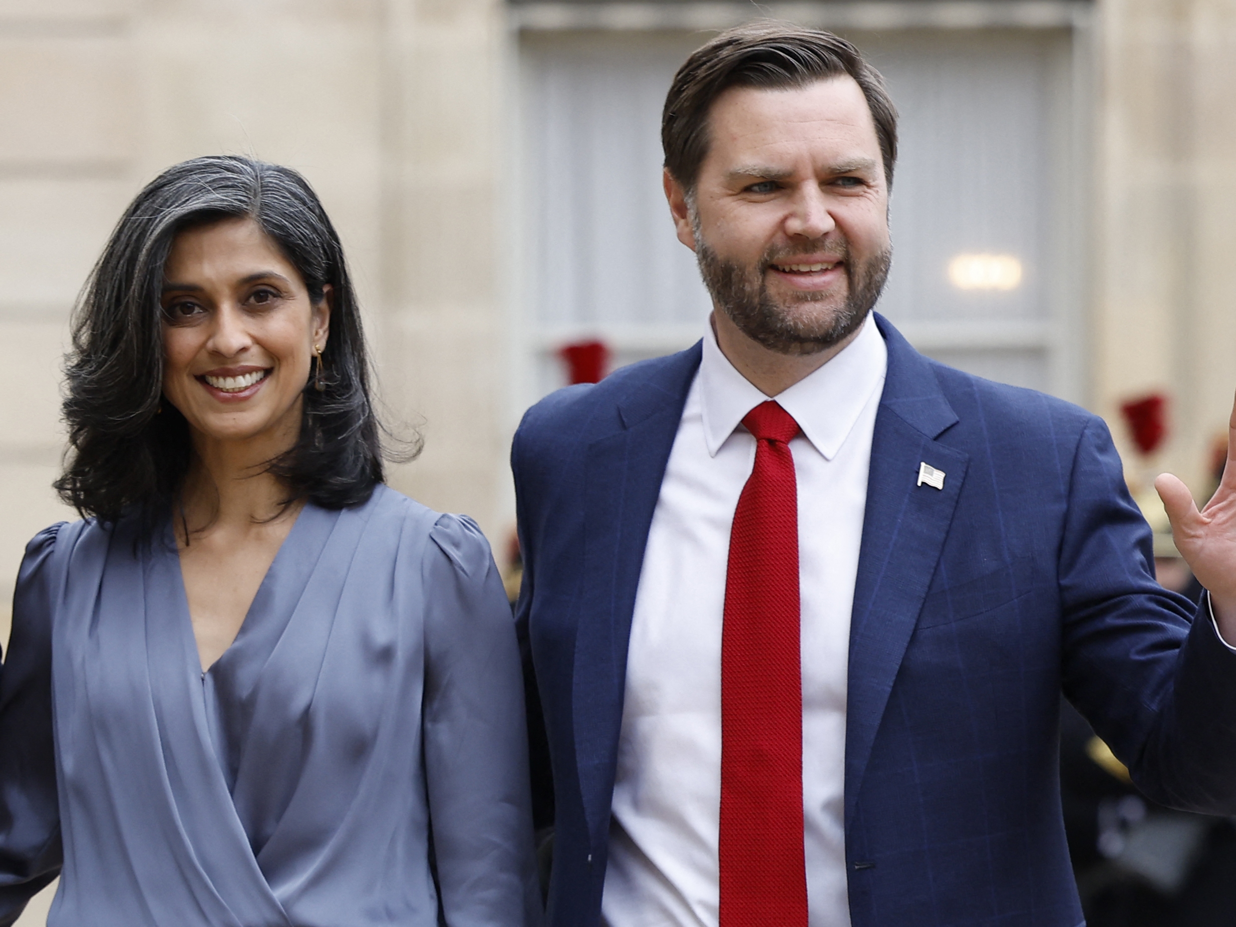 caption: Vice President JD Vance and second lady Usha Vance as seen at the Elysee Palace, in Paris, on Feb. 11, 2025.
