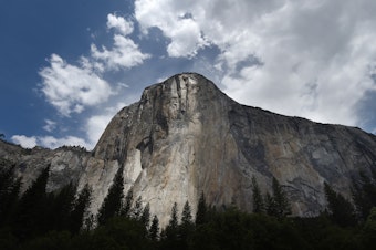 caption: Emily Harrington became the first woman to climb, in less than one day, the Golden Gate route of El Capitan in Yosemite National Park, pictured here in June 2015.