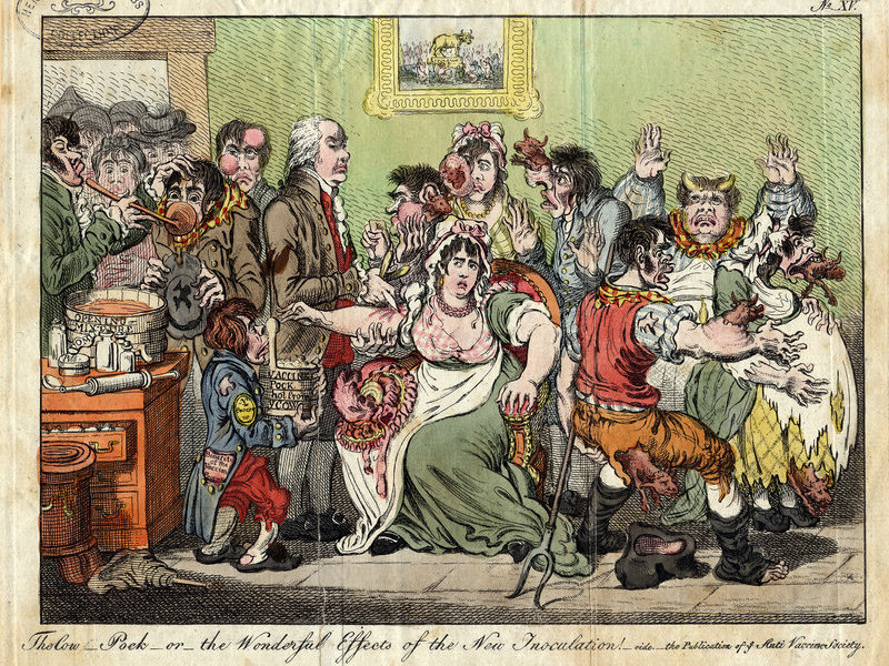 caption: This did not really happen. Cows' heads did not emerge from the bodies of people newly inoculated against smallpox. But fear of the vaccine was so widespread that it prompted British satirist James Gillray to create this spoof in 1802.