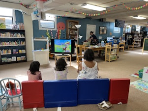 caption: Kids and caretakers watch a "Madeline" DVD in the basement of the Columbia County Library on a hot Tuesday afternoon.