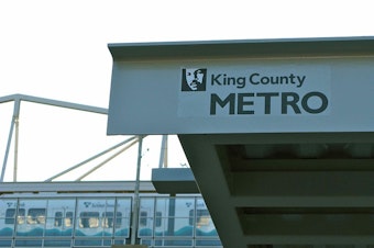 caption: A King County Metro bus station near a Sound Transit light rail station in the Seattle area. 