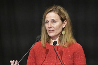 caption: Supreme Court Justice Amy Coney Barrett told an audience Sunday that "judicial philosophies are not the same as political parties."