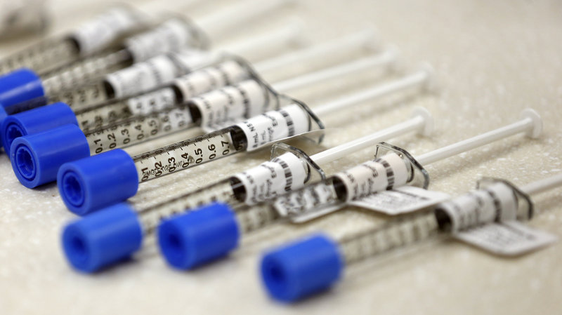 caption: Syringes of fentanyl, an opioid painkiller, sit in an inpatient facility in Salt Lake City. According to the Centers for Disease Control and Prevention, opioid-related overdoses have contributed to the life expectancy drop in the U.S. CREDIT: RICK BOWMER/AP
