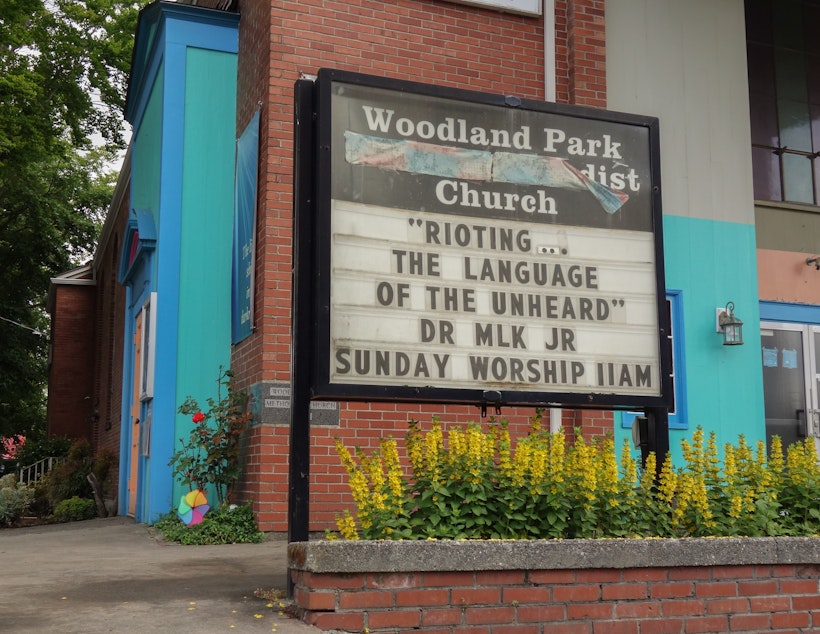 caption: The message board of Woodland Park Methodist Church in Seattle offers sympathy to demonstrators involved in the nationwide protests and riots against police violence and systemic racism. The United Methodist Church is one of several denominations in the United States to have adopted explicitly anti-racist messages; the denomination's national leadership have called upon members to commit themselves to racial justice "by changing our beliefs, changing our actions, and working to change the world."