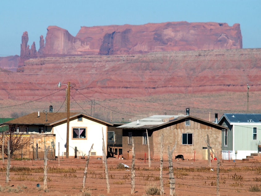 caption: Houses on the Navajo Nation sit near sandstone cliffs north of Many Farms, Ariz. New Census Bureau estimates show a low rate of high-speed internet access among Native Americans who live on tribal land.