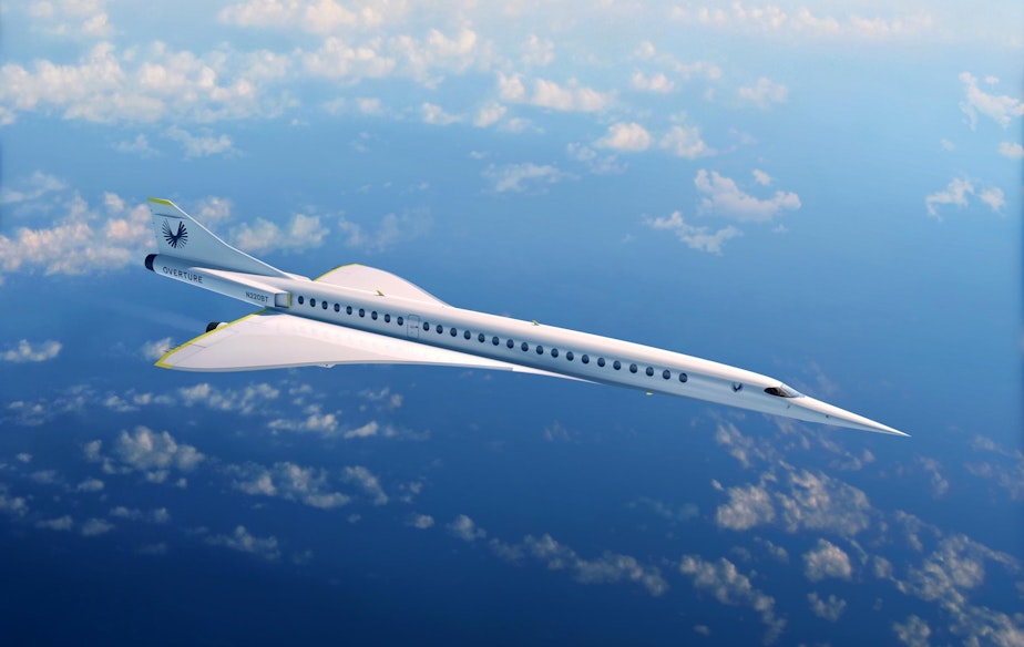 caption: Rendering of 55-75 passenger supersonic airliner under development by Boom Supersonic.
