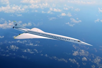 caption: Rendering of 55-75 passenger supersonic airliner under development by Boom Supersonic.
