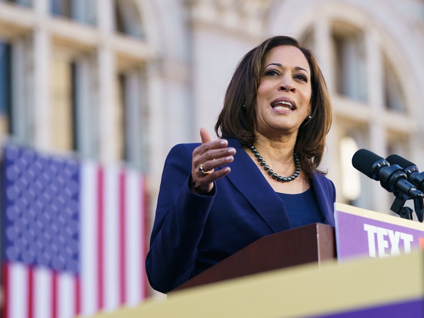 caption: Sen. Kamala Harris, D-Calif., at an Oakland, Calif., campaign rally this week. Harris says she backs a single-payer health system, but she hasn't yet offered details on how she would finance that plan.
