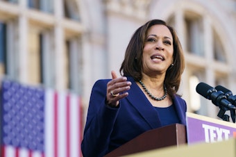 caption: Sen. Kamala Harris, D-Calif., at an Oakland, Calif., campaign rally this week. Harris says she backs a single-payer health system, but she hasn't yet offered details on how she would finance that plan.