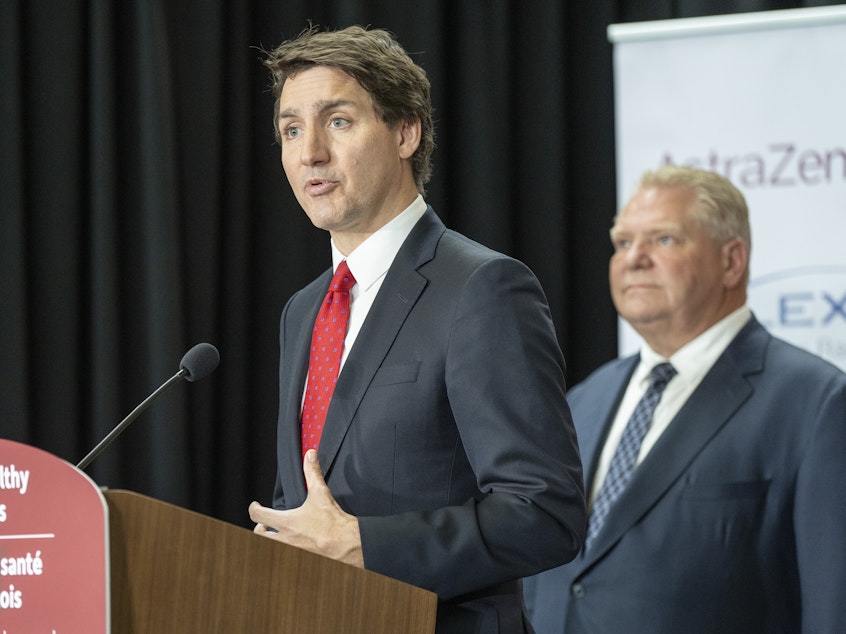 caption: Canadian Prime Minister Justin Trudeau answers questions at an announcement in Mississauga, Ontario, Monday, Feb. 27, 2023.