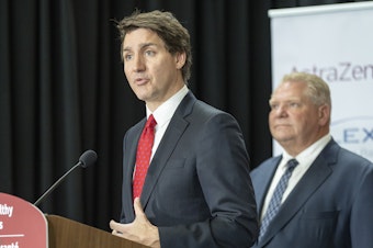 caption: Canadian Prime Minister Justin Trudeau answers questions at an announcement in Mississauga, Ontario, Monday, Feb. 27, 2023.