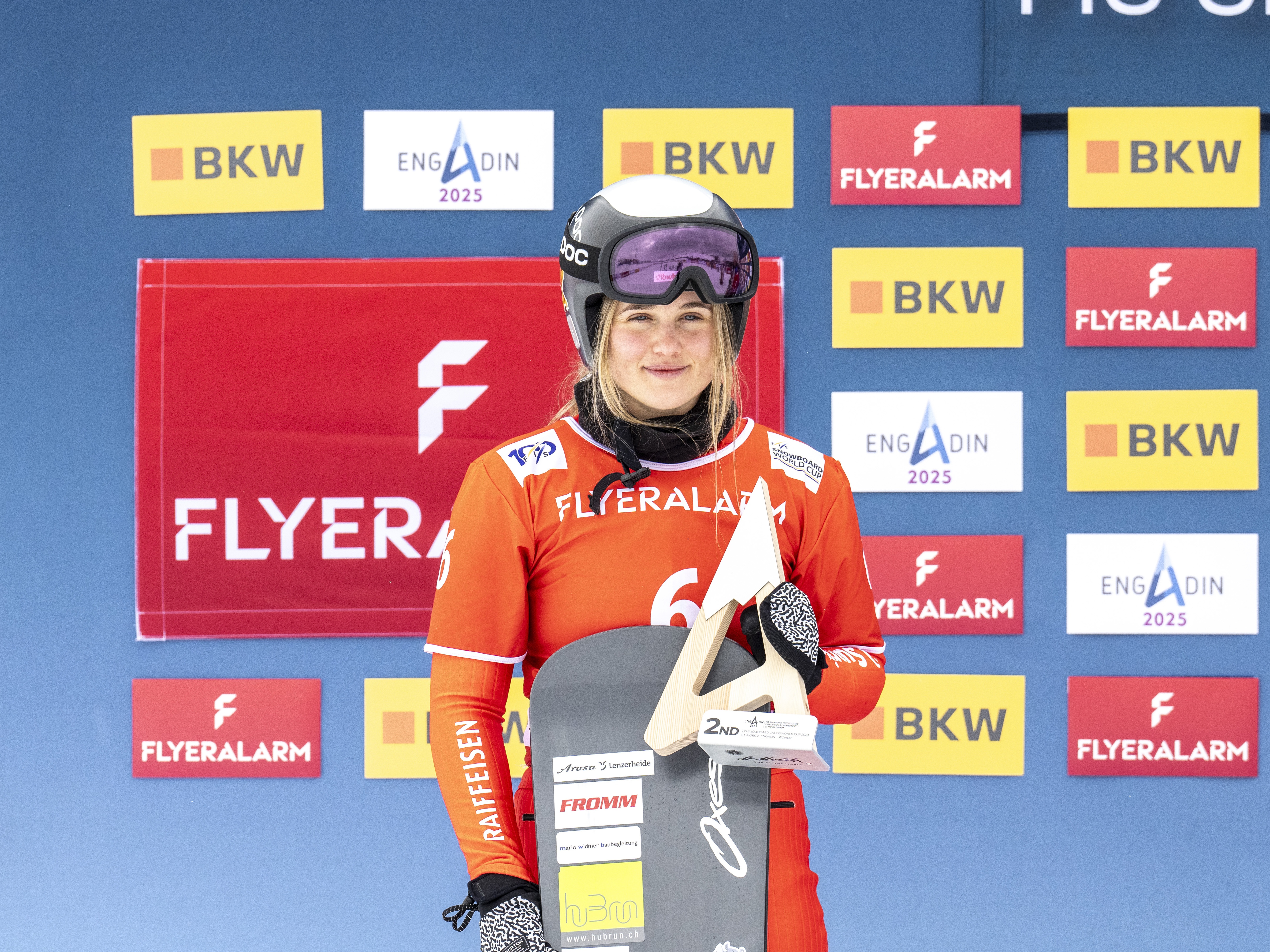 caption: Sophie Hediger takes 2nd place during the FIS Snowboard Cross World Cup Men's and Women's Snowboard Cross on January 26, 2024 in St Moritz, Switzerland.