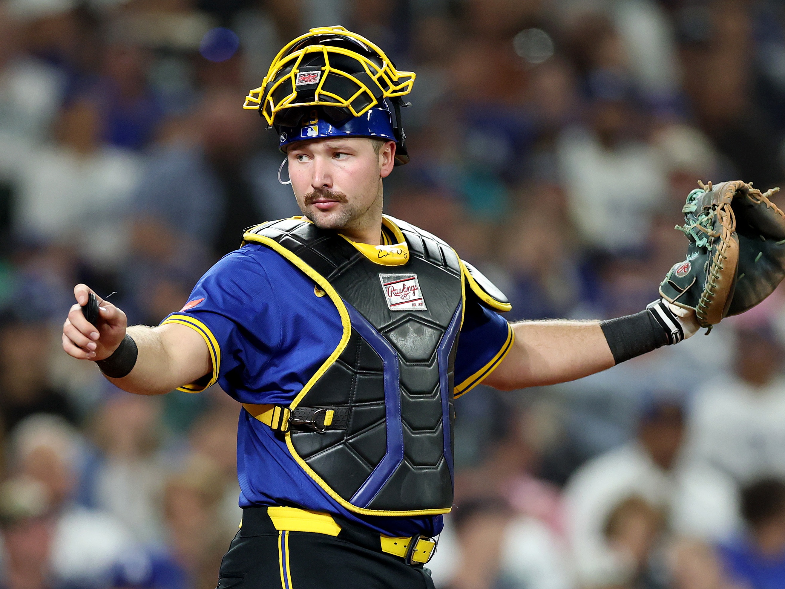 caption: Catcher Cal Raleigh of the Seattle Mariners had a historic year, becoming just the seventh player in baseball history to hit 60 home runs in a single season. His Mariners have never won a World Series.