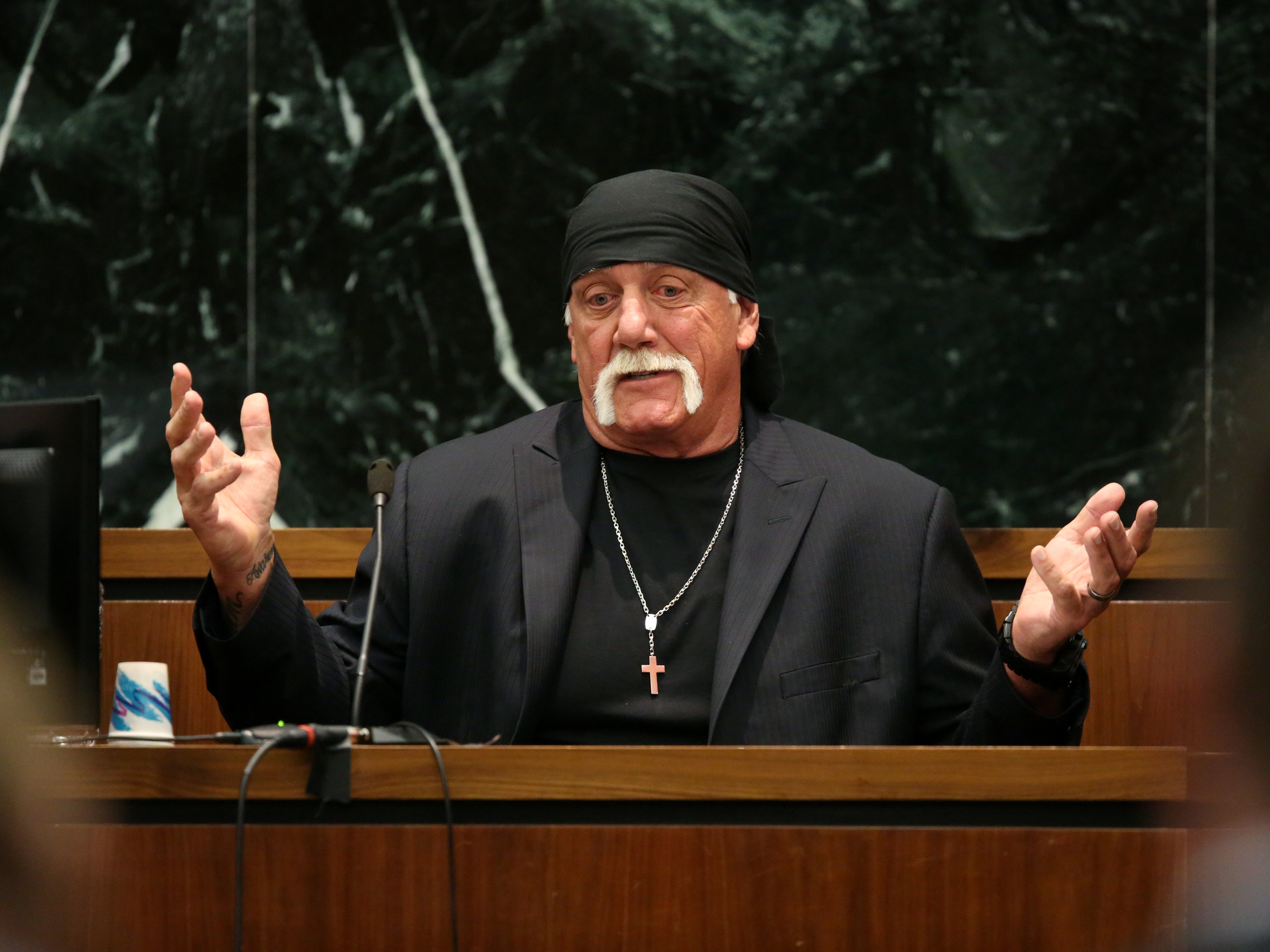 caption: Terry Bollea, aka Hulk Hogan, during court testimony in his trial against Gawker Media at the Pinellas County Courthouse on March 8, 2016 in St Petersburg, Florida.