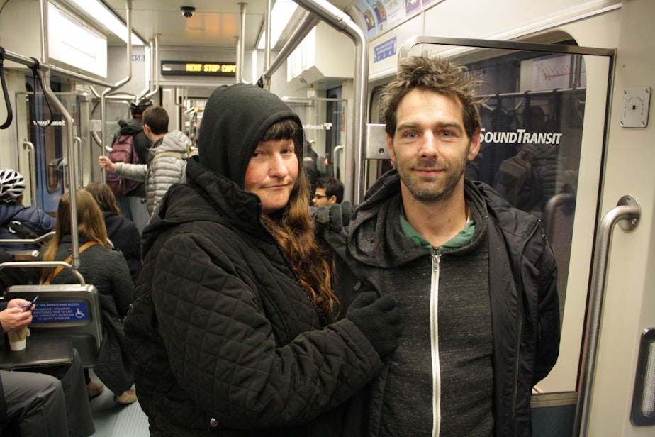 caption: Bella Barger and Erik Nelson take light rail to get to their methadone treatment. 