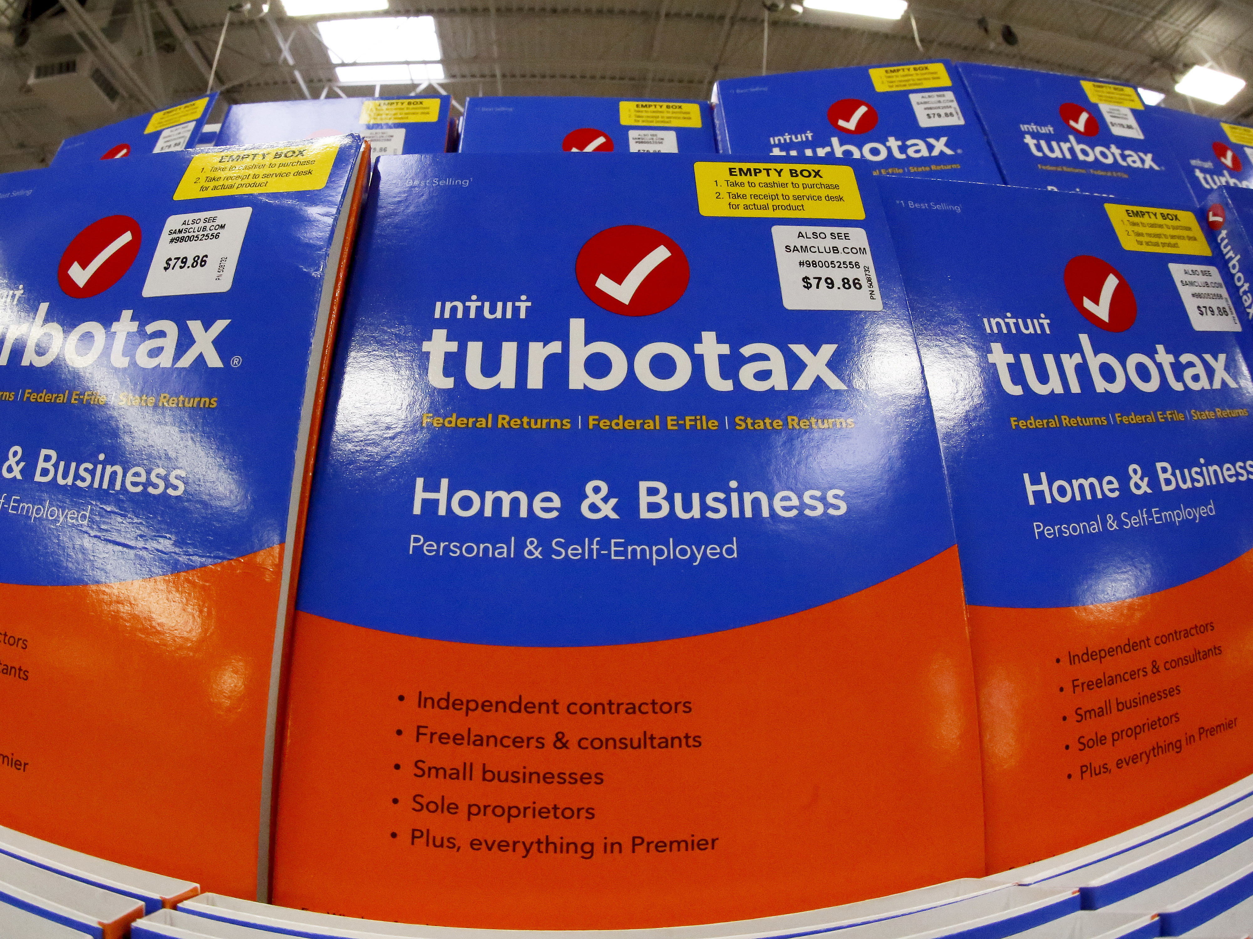 caption: TurboTax software is displayed at a Sam's Club in Pittsburgh on Feb. 22, 2018. Under the terms of a settlement signed by the attorneys general of all 50 states, Intuit Inc. will suspend TurboTax's "free, free, free" ad campaign and pay restitution to nearly 4.4 million taxpayers, New York Attorney General Letitia James said on Wednesday.