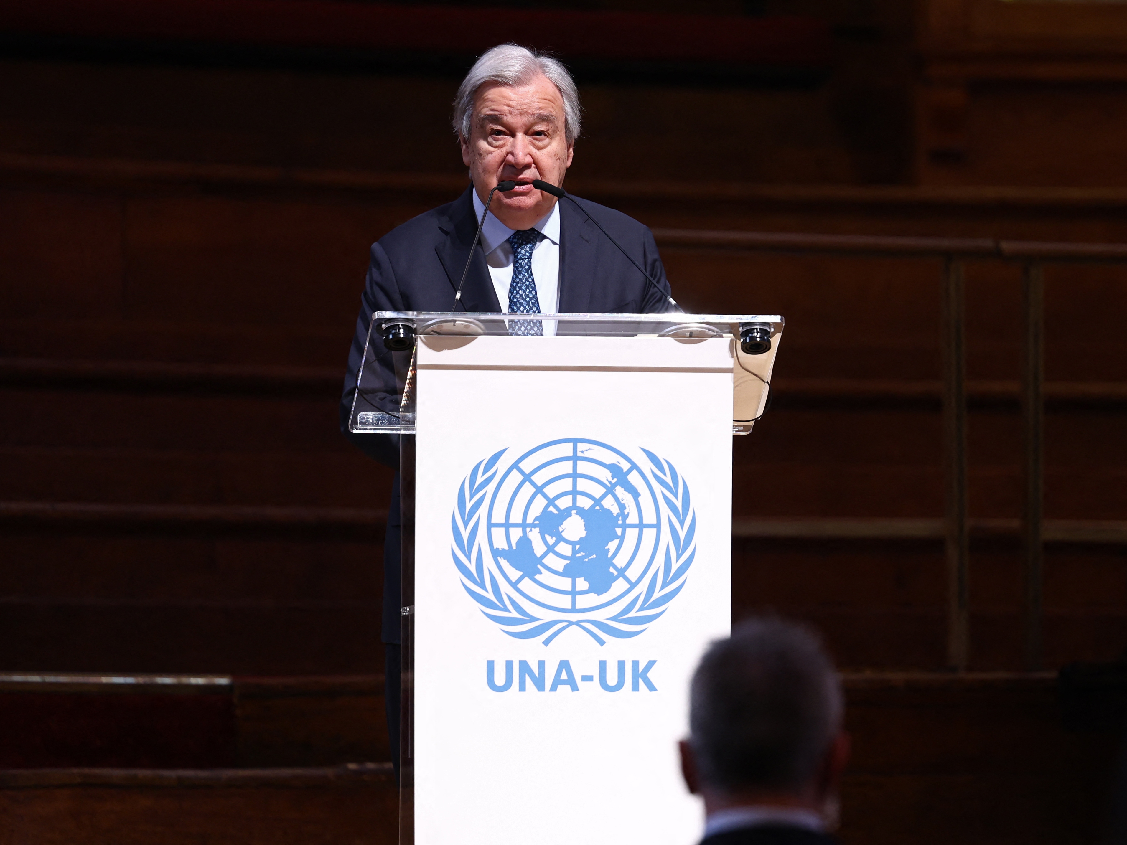 caption: United Nations Secretary-General António Guterres speaks to mark the 80th anniversary of the founding of the U.N. General Assembly, at Methodist Central Hall, the site of the inaugural U.N. General Assembly, in London on Saturday.