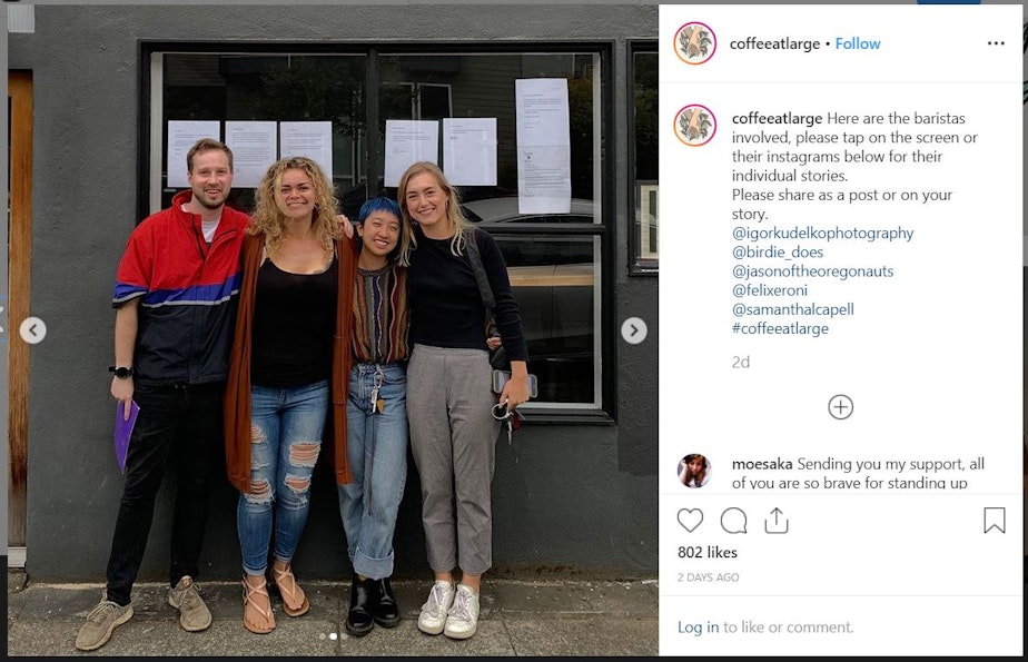 caption: Samantha Capell (second from left) managed Slate Coffee Roasters in Ballard until she led five other employees in a walkout June 22, 2019. 