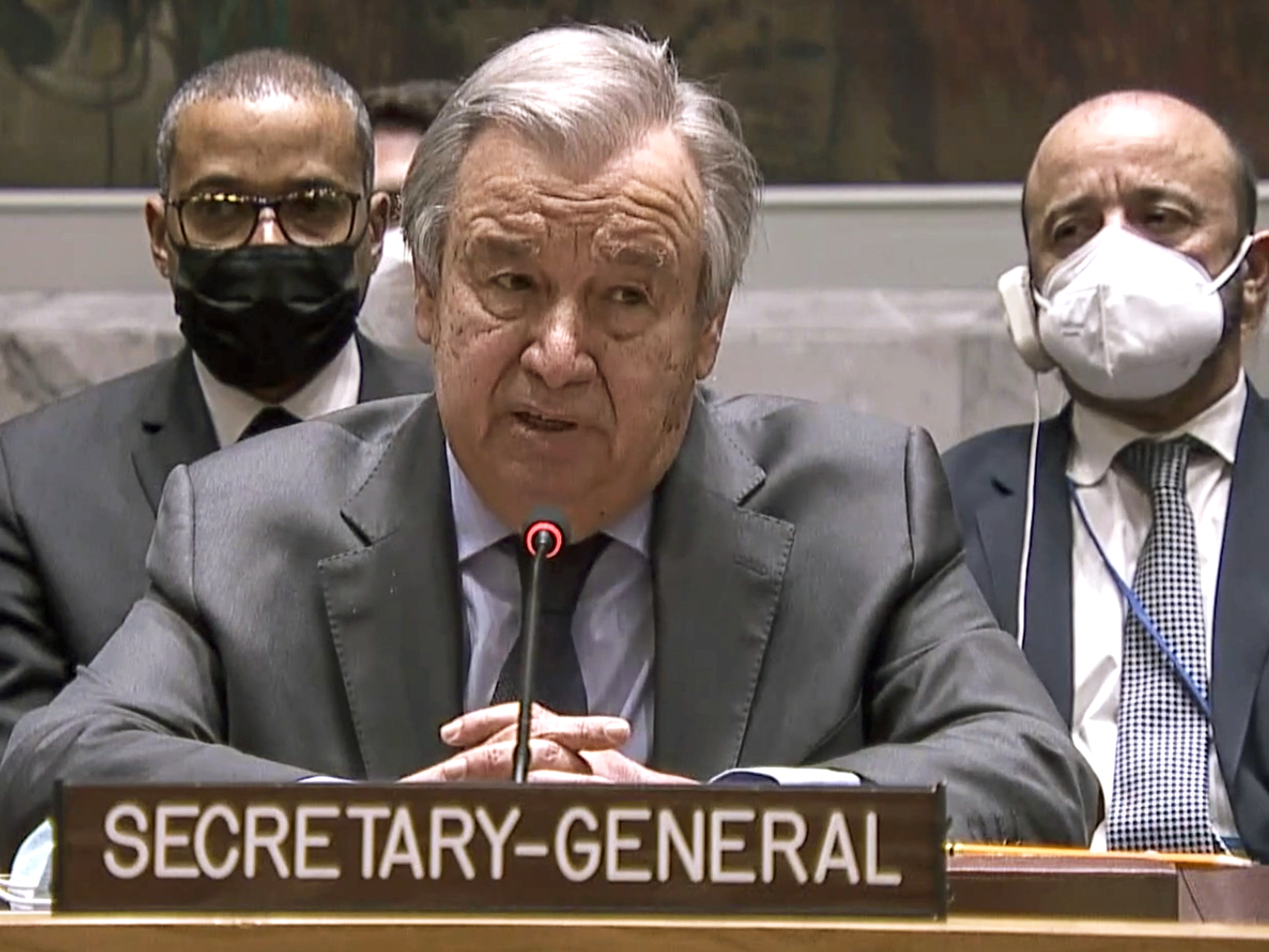 caption: United Nation Secretary-General Antonio Guterres addresses an emergency meeting of the U.N. Security Council on Ukraine late Wednesday to deplore Russia's actions toward the country and plead for diplomacy.