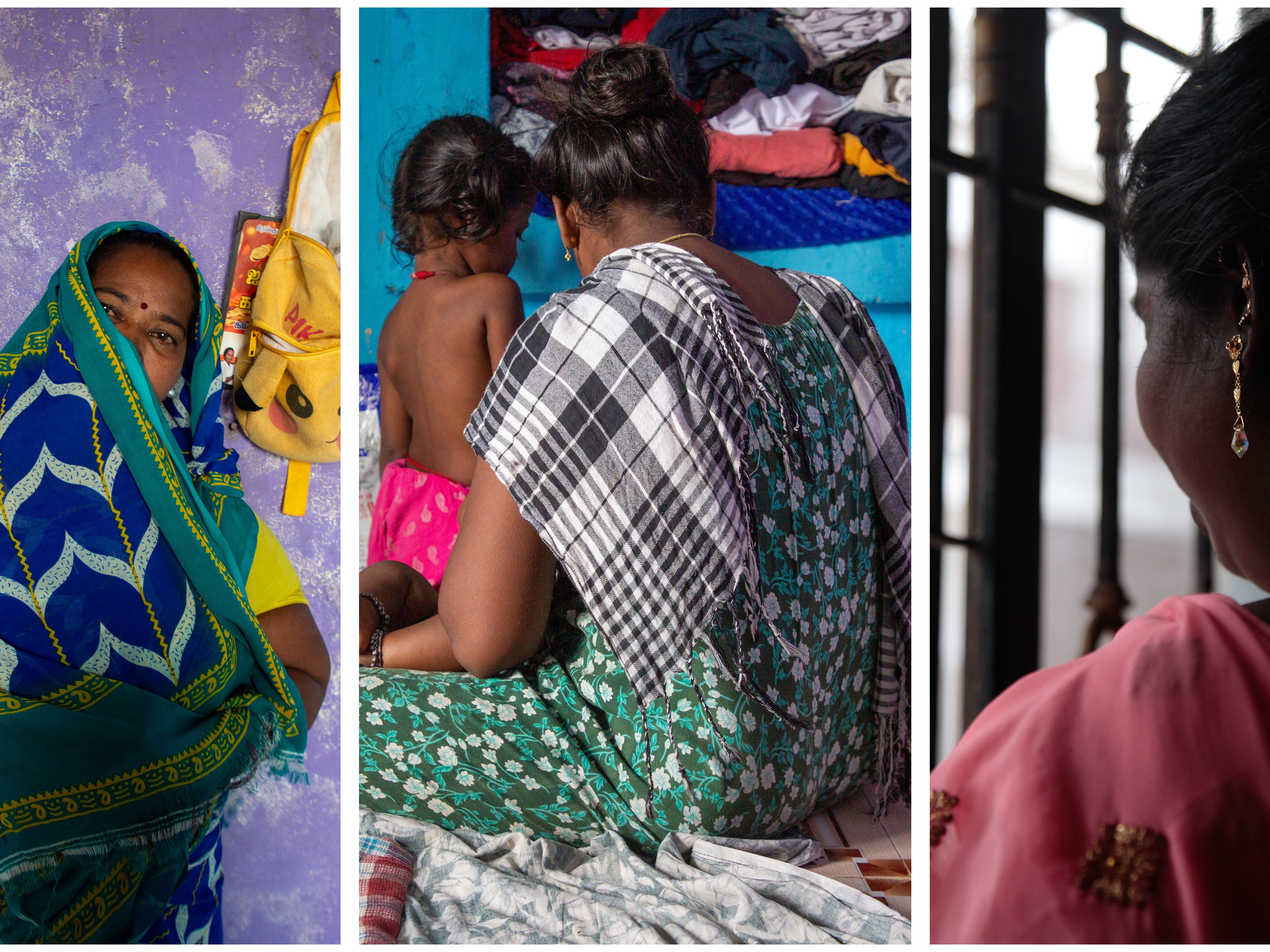 caption: From left to right, Devi, Jhansi and Abirami at their homes in a slum in the southern Indian city of Chennai. These women, at different times, sold their eggs for around $270.