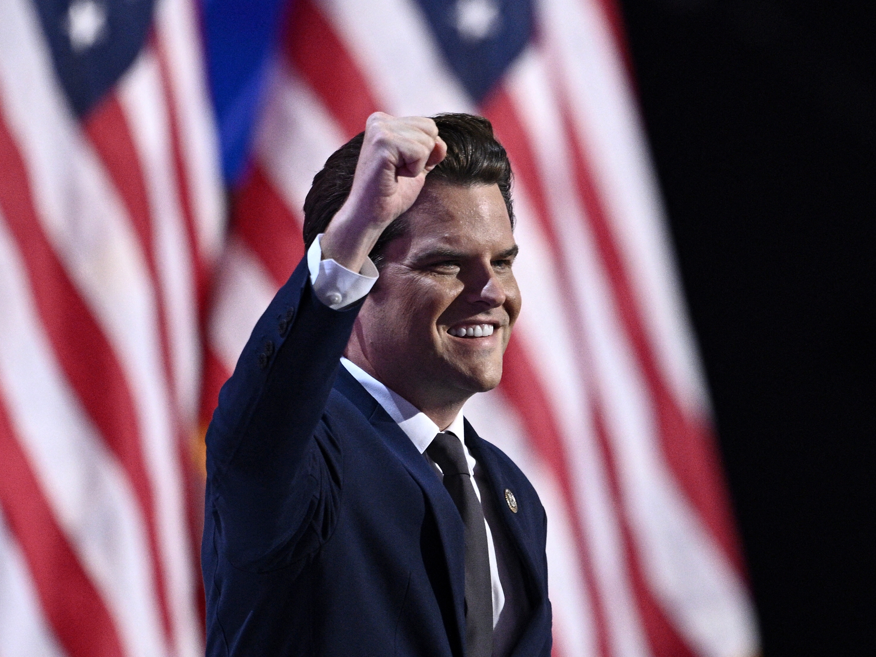 caption: Rep. Matt Gaetz arrives to speak during the third day of the 2024 Republican National Convention in Milwaukee, Wisc., on July 17.