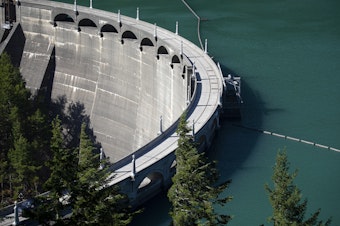 caption: A view of the upper Skagit River and the Diablo Dam, one of three dams in the Skagit River Hydroelectric Project supplying power to the city of Seattle, on Wednesday, June 7, 2023, in Whatcom County. 