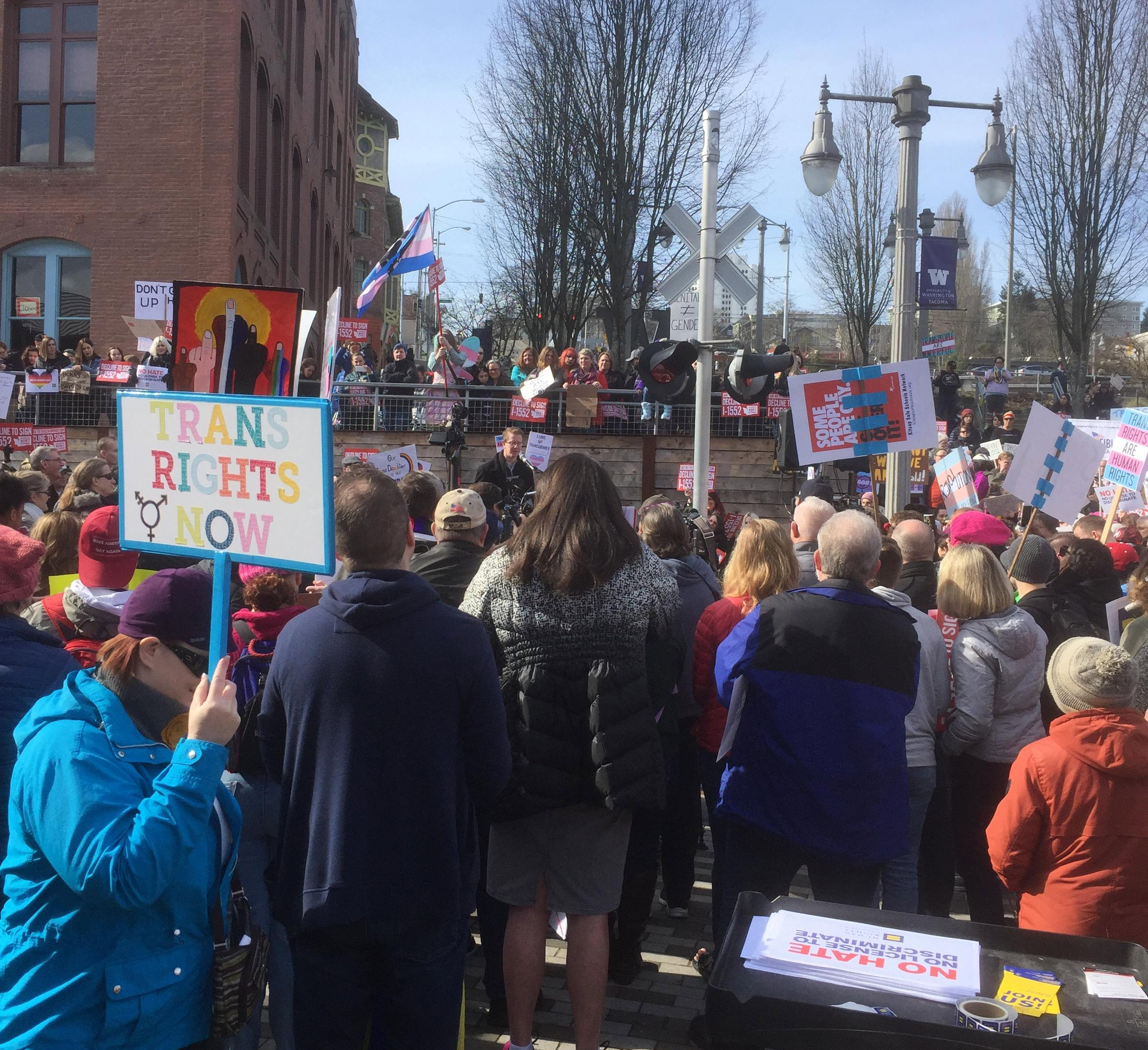 caption: Crowd at UW Tacoma 'Decline to Sign' rally