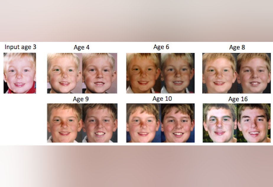caption: A single photo of a child (far left) is age progressed (left in each pair) and compared to actual photos of the same person at the corresponding age (right in each pair).