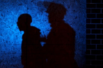 caption: The shadow of a Louisville Police officers arresting a demonstrator is seen on a wall on September 23, 2020 in Louisville, Kentucky. (Michael M. Santiago/Getty Images)