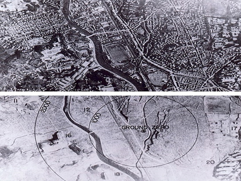 caption: Nagasaki, Japan before and after U.S. atomic attack.