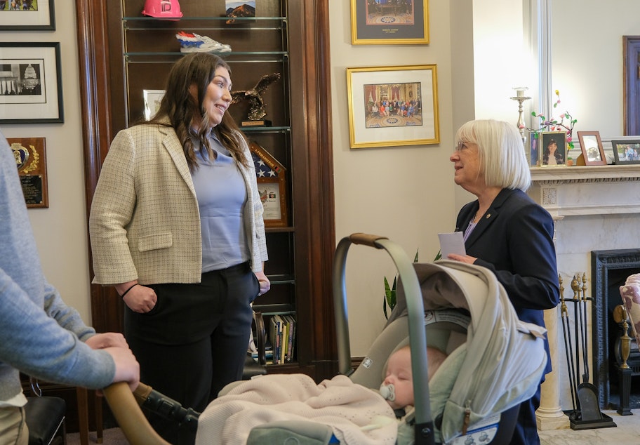 caption: Kayla Smith with U.S. Sen. Patty Murray (D-Washington). Smith was Murray's guest at the 2024 State of the Union address. Smith was living in Idaho, which banned abortions, when she faced serious medical issues while pregnant. She travelled to Washington for an abortion. 