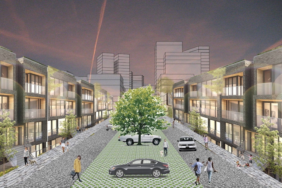 caption: A "rowhouse boulevard" built in a Housing Benefit District as imagined in 2017 by then graduate students Jingjing Bu, Fred Hines, Kristian London and Bill Nicholson.