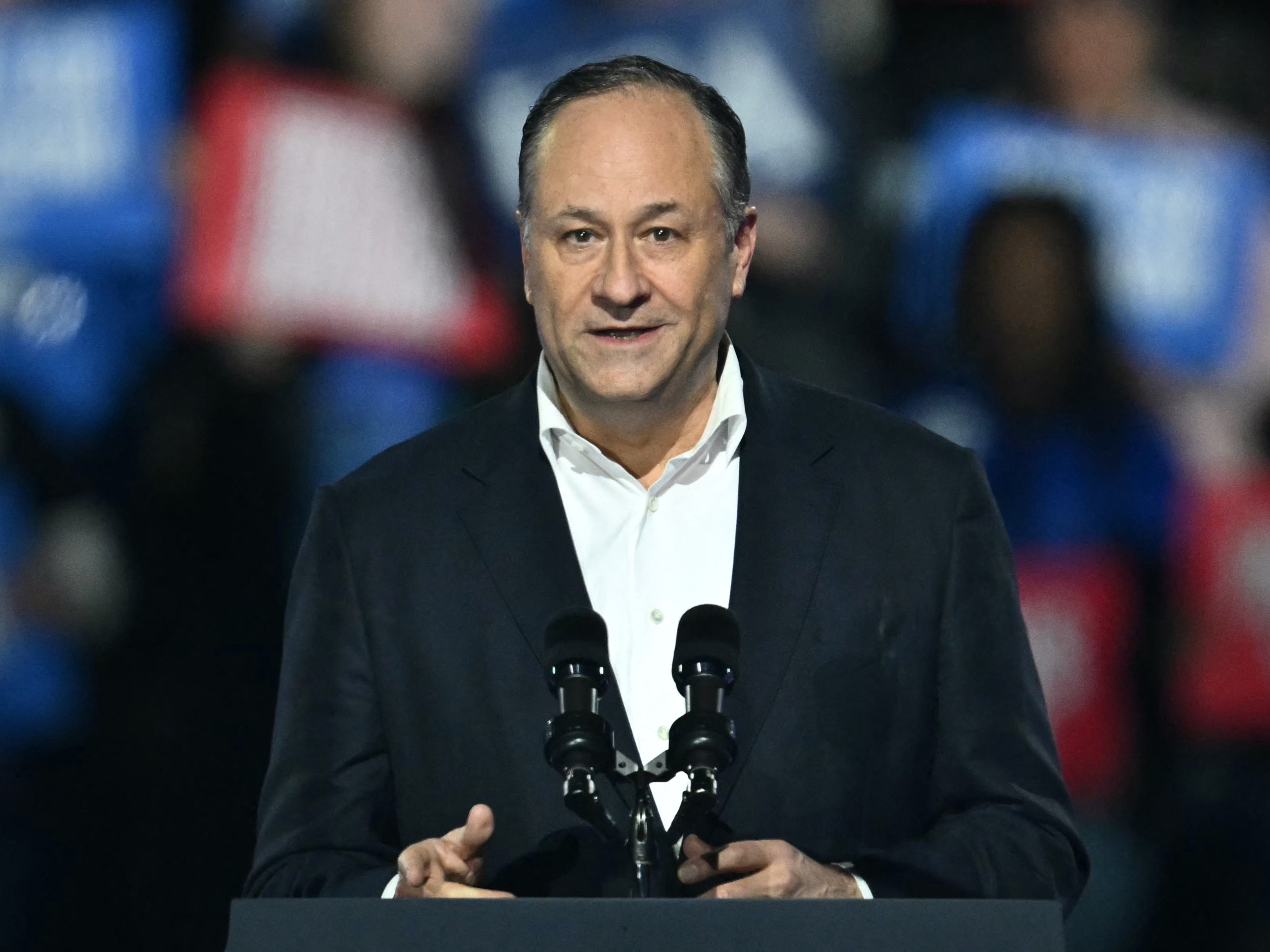 caption: Former second gentleman Doug Emhoff, speaking at a rally in November, was among the Biden appointees the Trump administration removed from the U.S. Holocaust Memorial Museum's board of trustees.